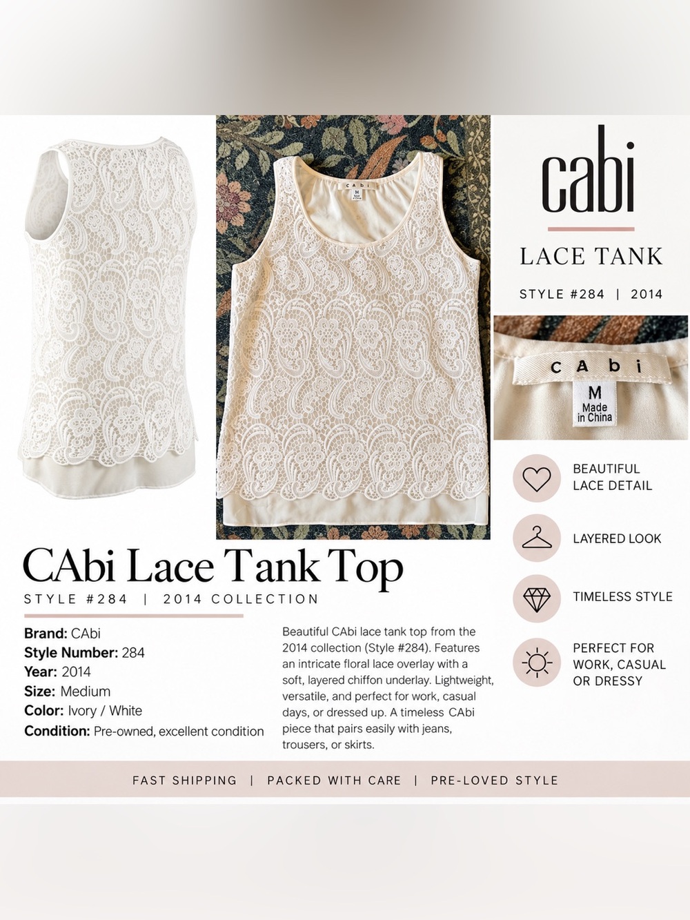 CAbi Cream White Lace Tank Top